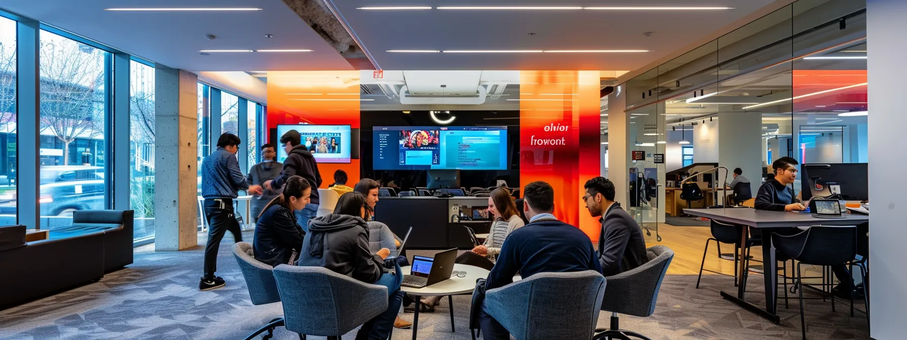 a dynamic, modern office space showcases a collaborative team engaging over digital devices, illuminated by sleek, artificial lighting that emphasizes a vibrant atmosphere of innovation and productivity.