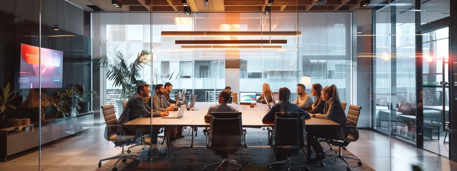 a dynamic urban office space with sleek, modern furnishings showcases a diverse team collaborating around a high-tech conference table, illuminated by vibrant overhead lighting that accentuates their innovative discussion.