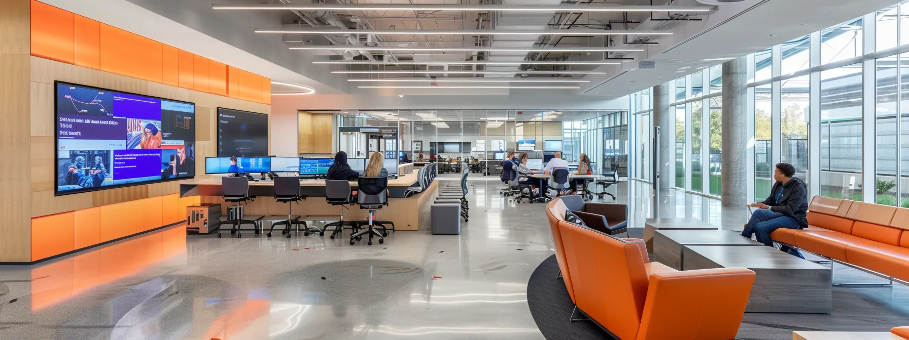 a dynamic urban office workspace comes alive with sleek modern furniture, vibrant digital screens displaying innovative technology, and professionals engaged in collaborative discussions under bright, focused artificial lighting.