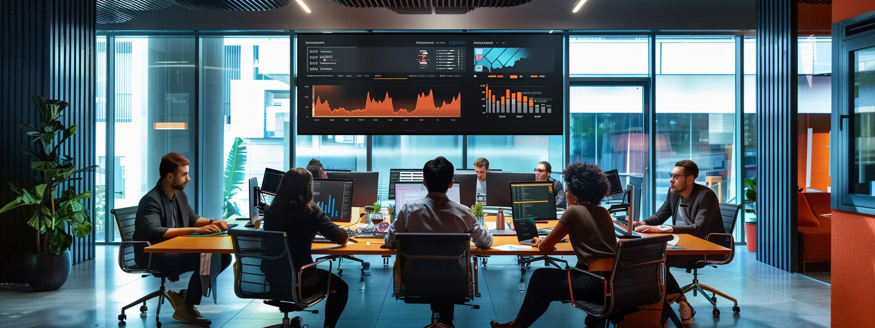 a dynamic urban workspace, featuring sleek modern desks, vibrant digital screens displaying data analytics, and a diverse team engaged in a collaborative brainstorming session under bright, focused lighting.