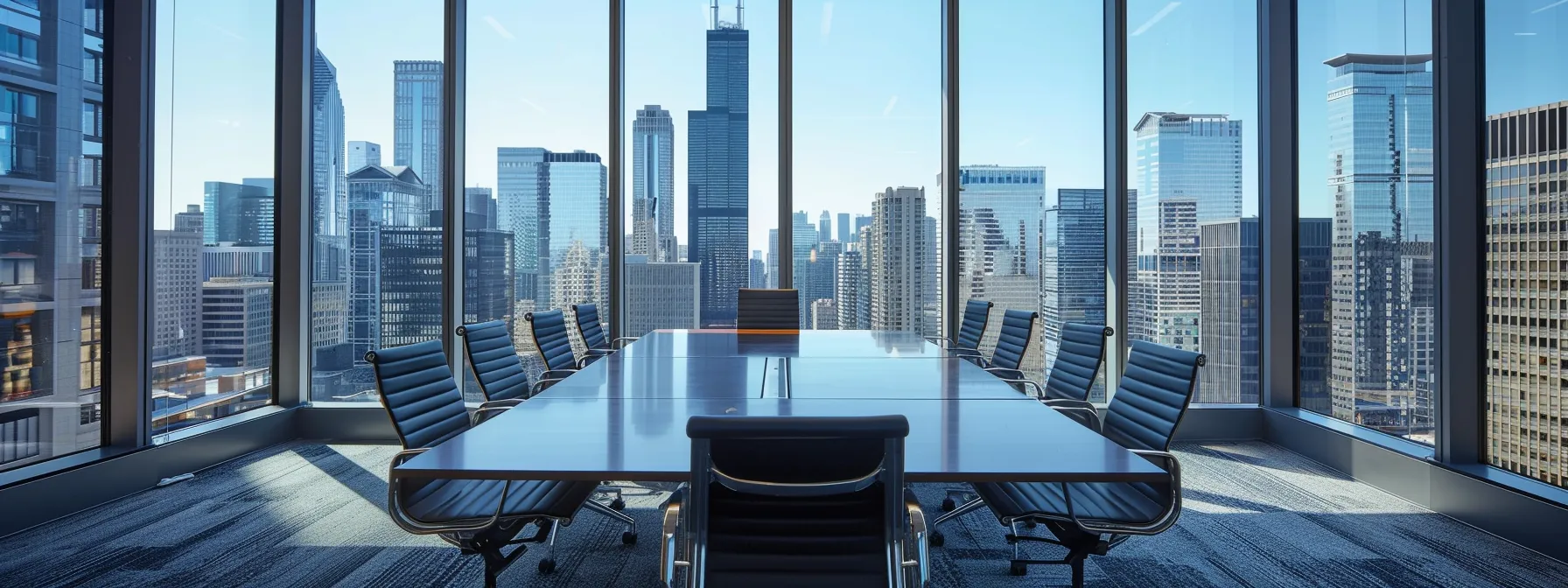 a sleek and modern office space with large windows showcasing a bustling city skyline, featuring a stylish conference table surrounded by high-backed chairs and contemporary technology, emphasizing collaboration and innovation in a professional environment.