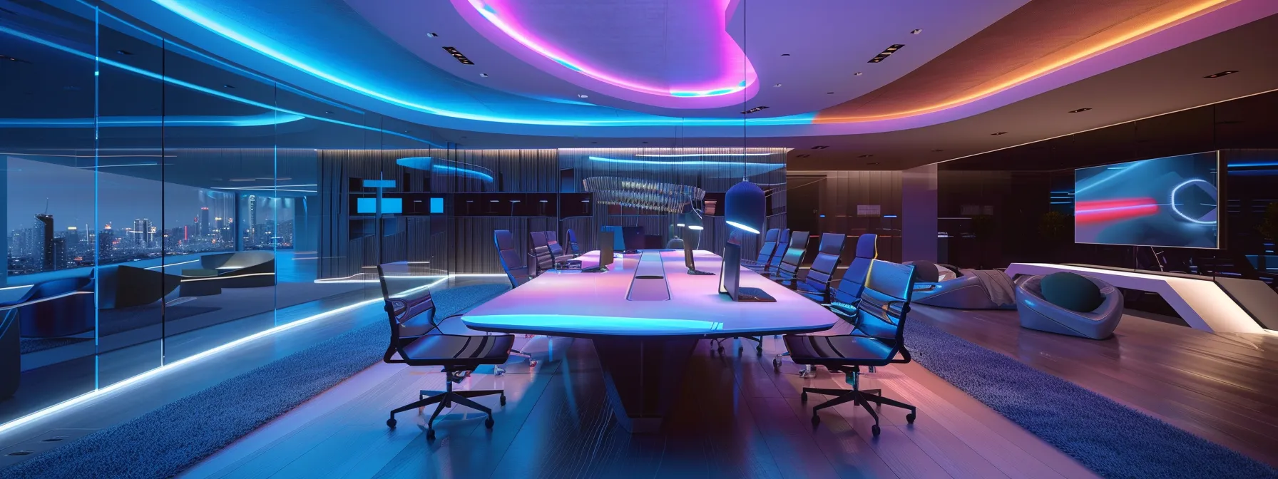 a sleek, modern office space, illuminated by dynamic led lighting, features a central conference table surrounded by futuristic chairs, conveying an atmosphere of innovation and collaboration as a diverse team engages in a strategic discussion.