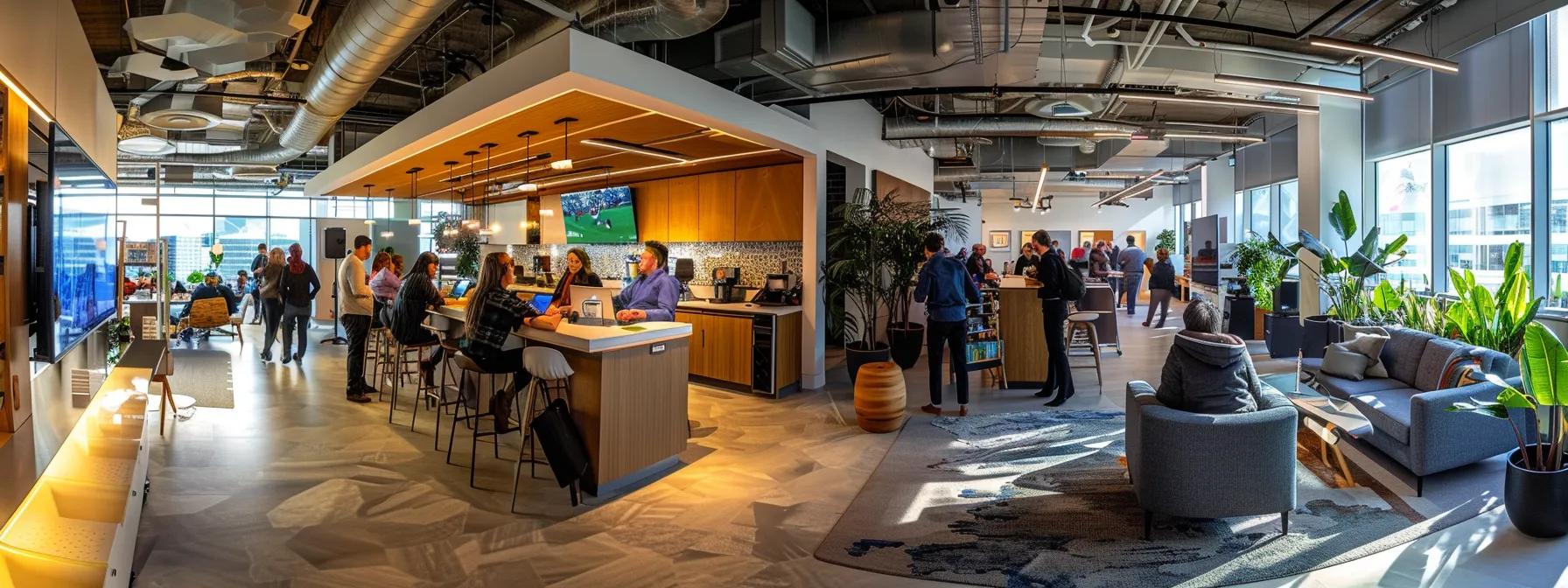 a bustling office environment showcases a diverse group of professionals engaged in animated discussions and collaborative activities, illustrating the importance of cultivating customer relationships to enhance positive reviews.