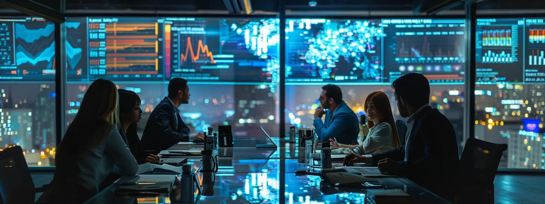 a dynamic urban office setting showcases a diverse team gathered around a sleek conference table, intensely analyzing colorful charts and digital screens displaying competitor insights and reputation strategies.