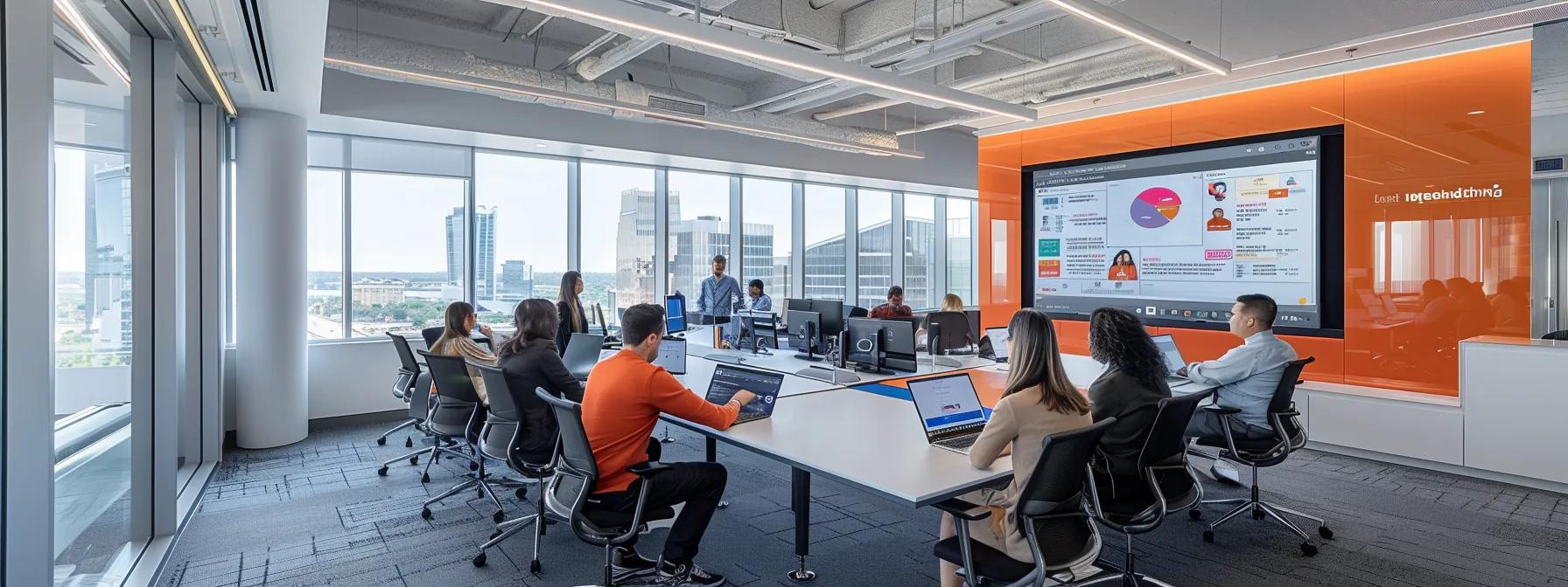 a focused office environment showcases a professional team engaged in a dynamic discussion while analyzing customer review data on sleek laptops, emphasizing effective strategies for customer feedback management.