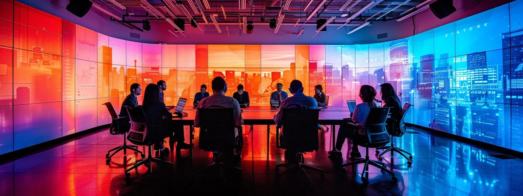 a modern office setting showcases a team of professionals engaged in a dynamic brainstorming session around a sleek conference table, illuminated by vibrant digital screens displaying seo analytics and reputation metrics, highlighting the theme of enhancing online visibility.