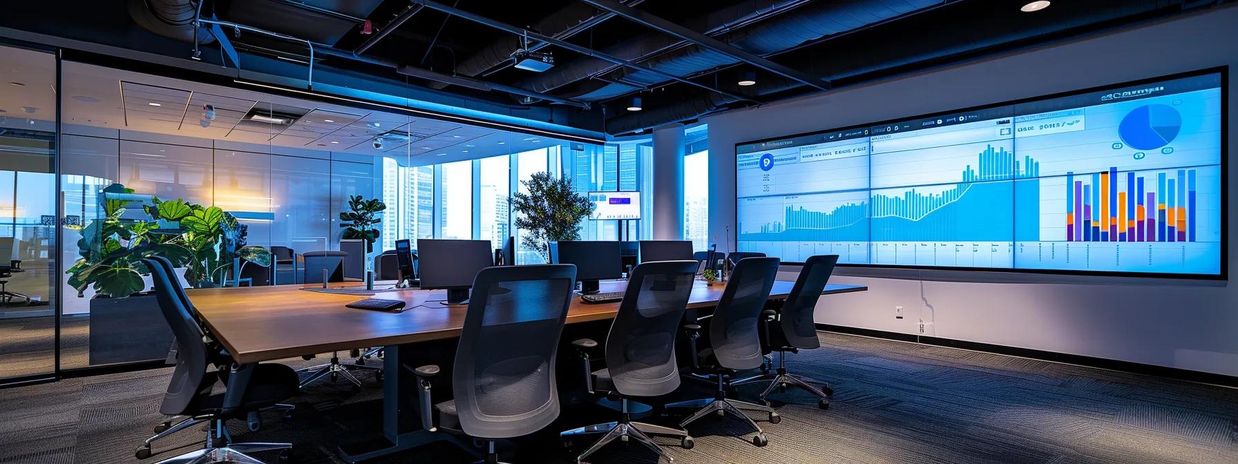 a sleek, modern office setting features a confident business leader analyzing data on a large screen, emphasizing the critical role of reputation management in driving business growth.