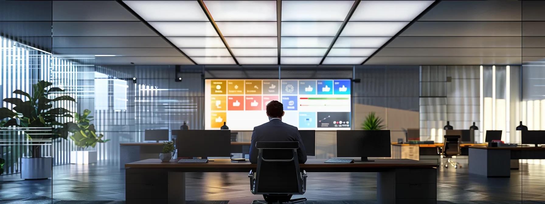 a sleek, modern office with a professional seated at a desk, intently analyzing social media metrics on multiple screens, illuminated by sharp overhead lighting that highlights a vibrant infographic on reputation management.