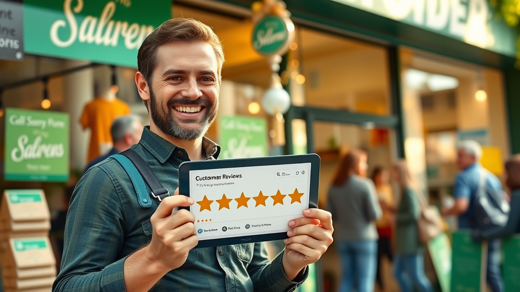 joyful business owner celebrating positive online reviews for reputation management