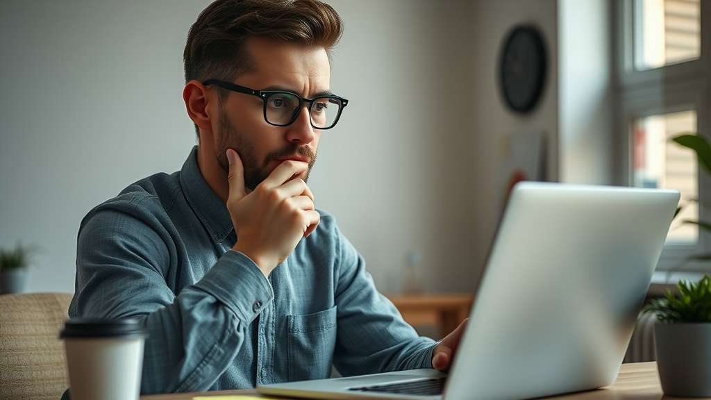 thoughtful entrepreneur examining brand reviews on laptop for online reputation management
