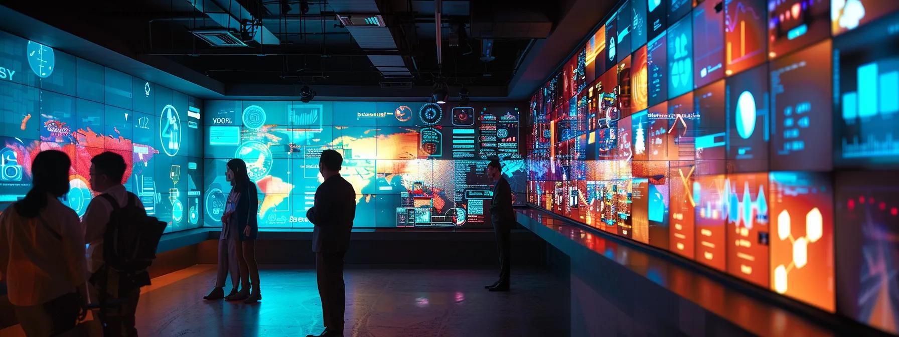 a dynamic office environment showcases a team engaged in high-energy discussions around a digital display, featuring strategic marketing analytics, vibrant infographics, and trending social media posts that highlight the effectiveness of promotional tactics and content reach.