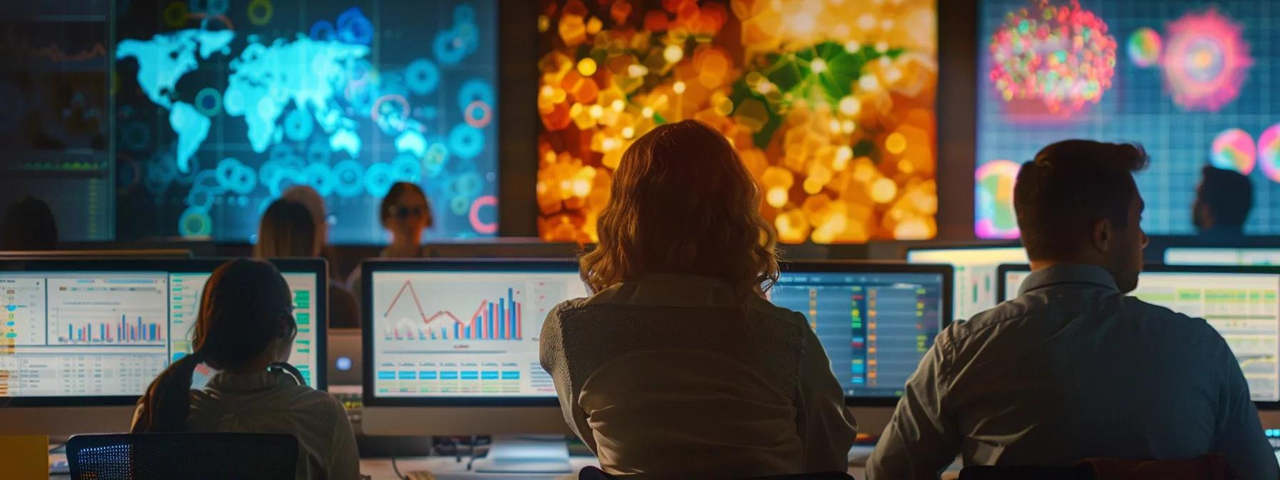 a modern office atmosphere is filled with focused professionals analyzing data on sleek monitors, surrounded by vibrant charts and reports showcasing a significant increase in organic traffic and successful content strategies.