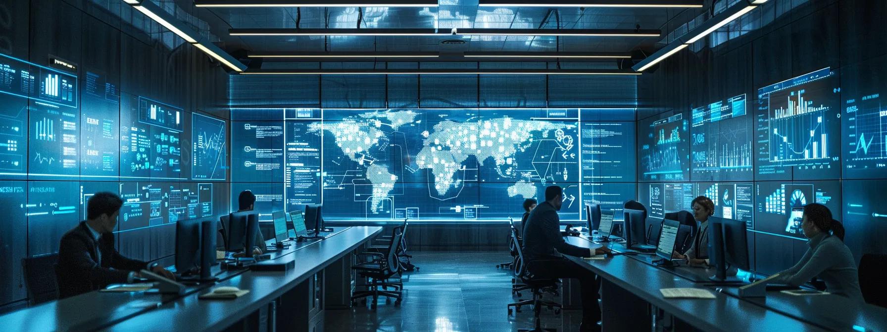 a modern office setting showcases a sleek workspace adorned with digital screens displaying an integrated content strategy flowchart, highlighting pillar pages and keyword clusters, while a team collaborates around a large table, analyzing data and optimizing evergreen content for sustainable organic traffic growth.