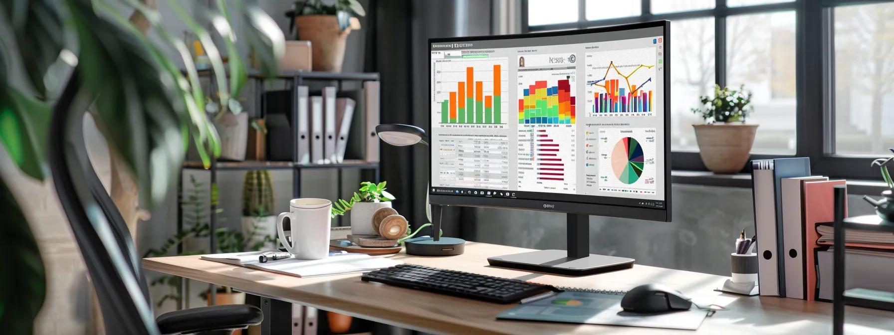 a modern office workspace features a sleek computer monitor displaying colorful analytics dashboards, surrounded by notepads and a coffee cup, emphasizing the focus on tracking metrics for continuous organic traffic growth.