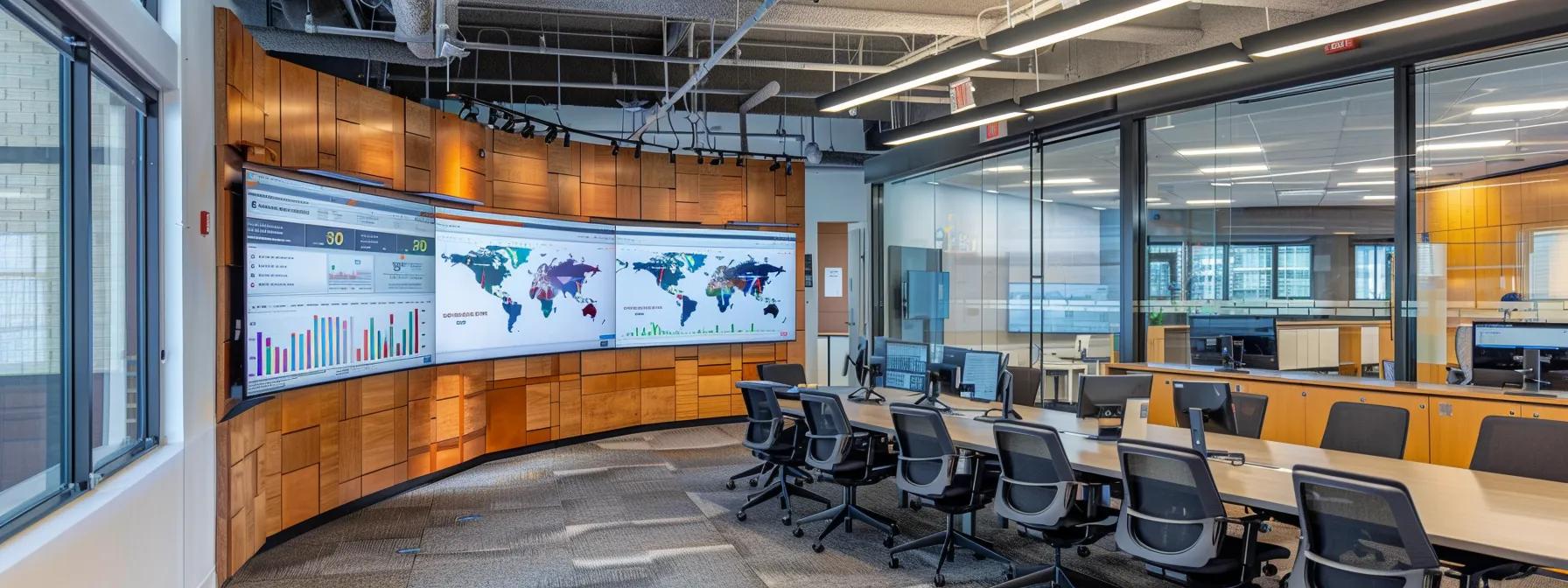 a sleek, modern office setting showcases a digital marketing team analyzing detailed graphs and charts on large screens, illustrating the impact of technical seo on website performance metrics.