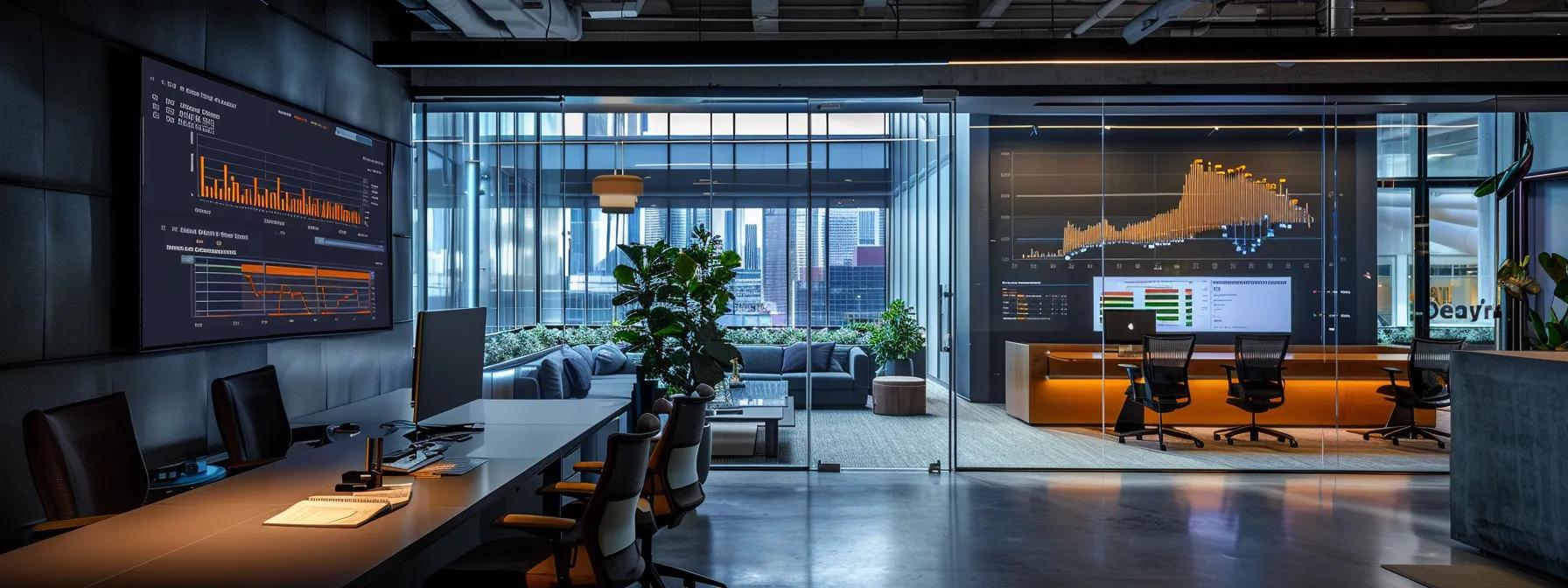 a sleek, modern office workspace features a large screen displaying seo metrics and keyword analytics, with an open laptop showcasing a content brief, emphasizing the strategic alignment between seo goals and purposeful content creation.