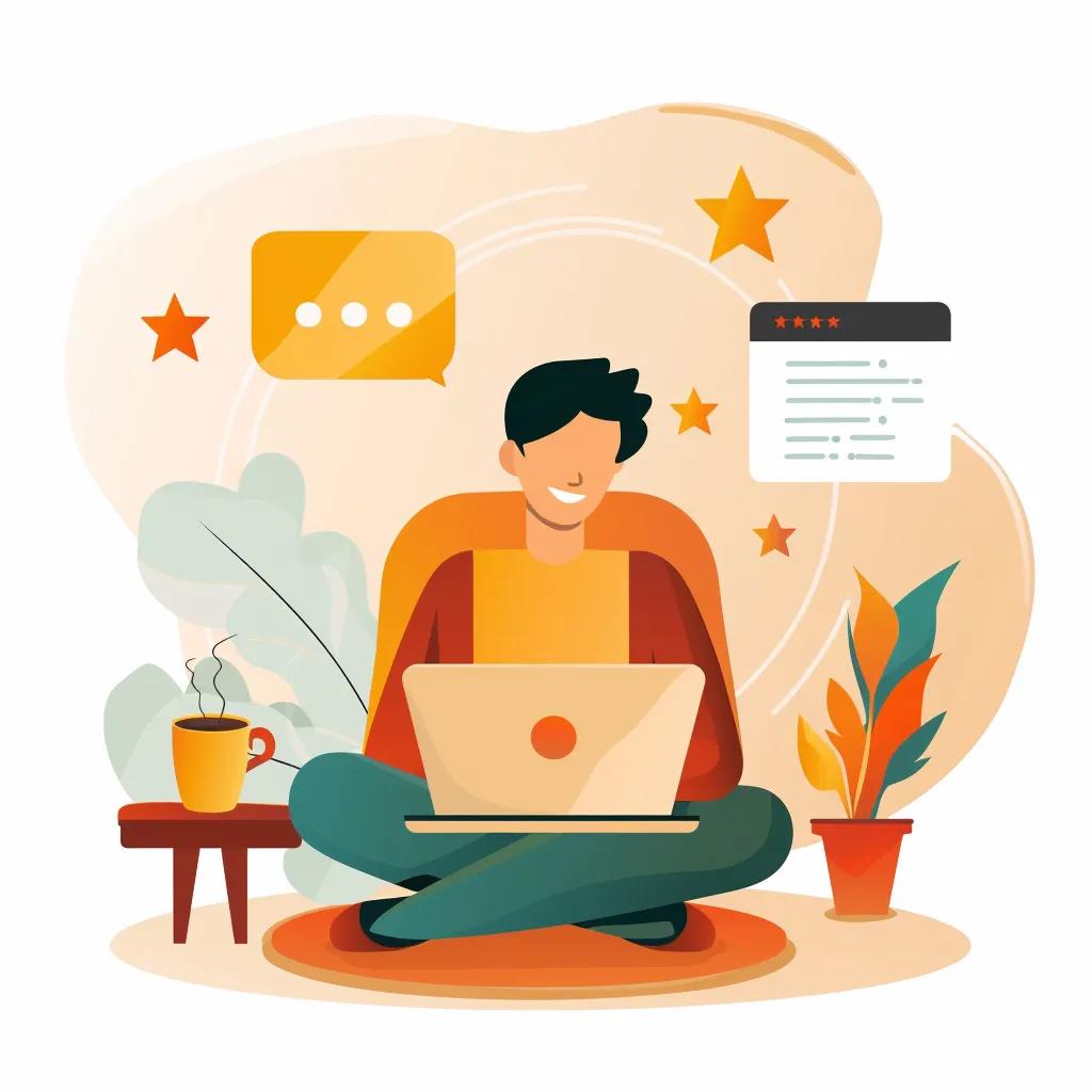 Customer leaving a positive review on a laptop in a cozy setting, highlighting the influence of reviews on brand reputation
