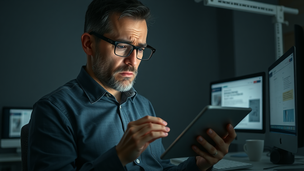anxious business owner scanning negative online reviews for online reputation management