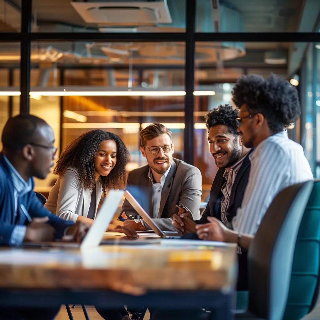 Diverse business professionals collaborating in a modern office, symbolizing teamwork and brand reputation