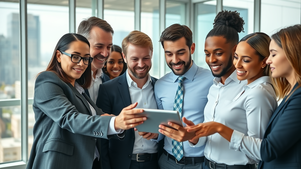 dynamic team of diverse business consultants reviewing analytics with digital tablet in a modern corporate office, discussing business consulting services, photorealistic, high fidelity, lifelike expressions, naturally positioned, cityscape view