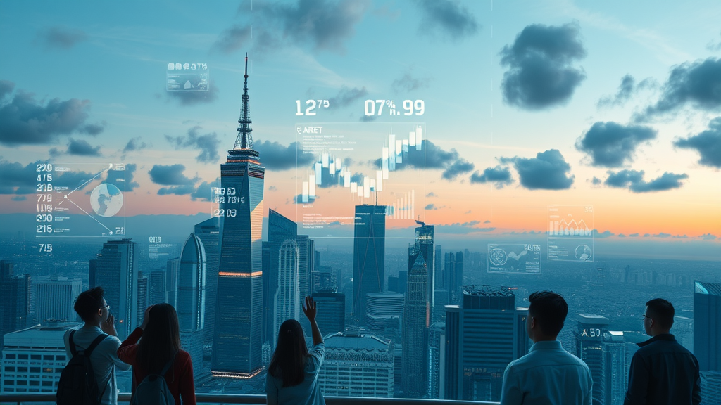 Futuristic city skyline with AI holograms and data charts visualizing AI market trends in digital marketing