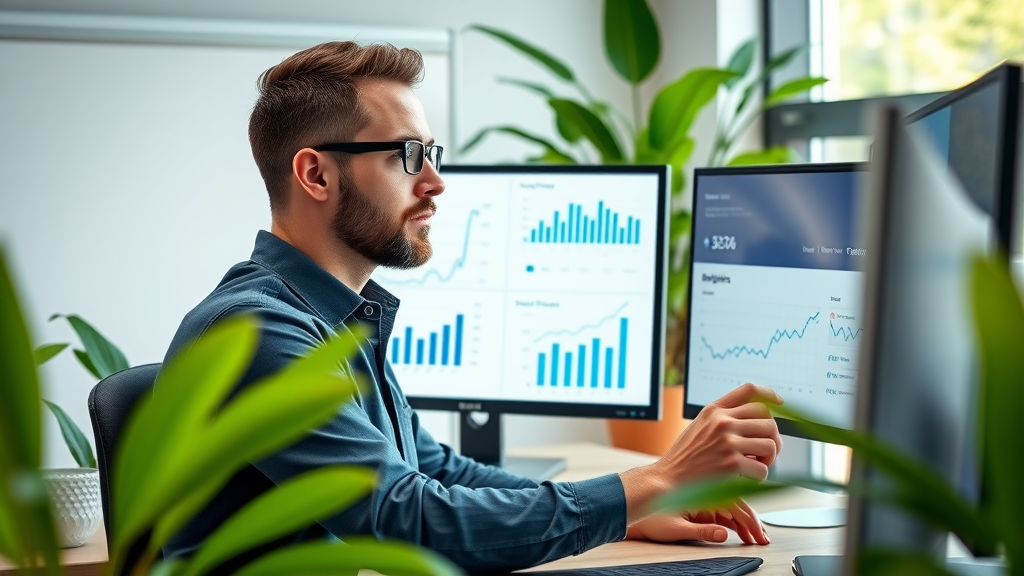 Professional SEO specialist improving SEO of website in a modern office with analytics dashboard