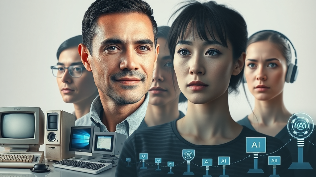 Evolution of digital marketing from analog to AI-powered tools with timeline and AI icons