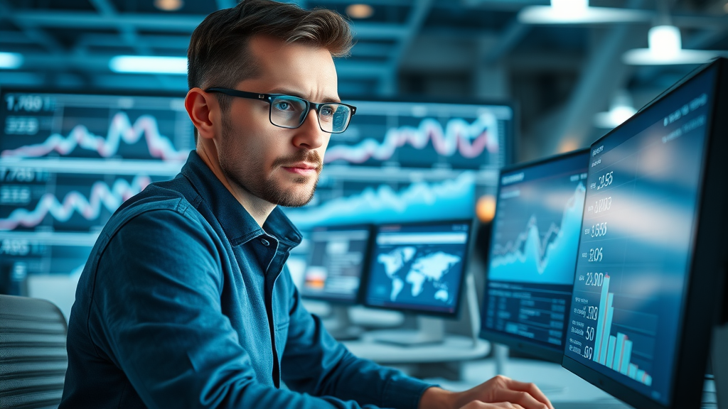 Entrepreneur using analytics to monitor and increase local business visibility in a high-tech office environment