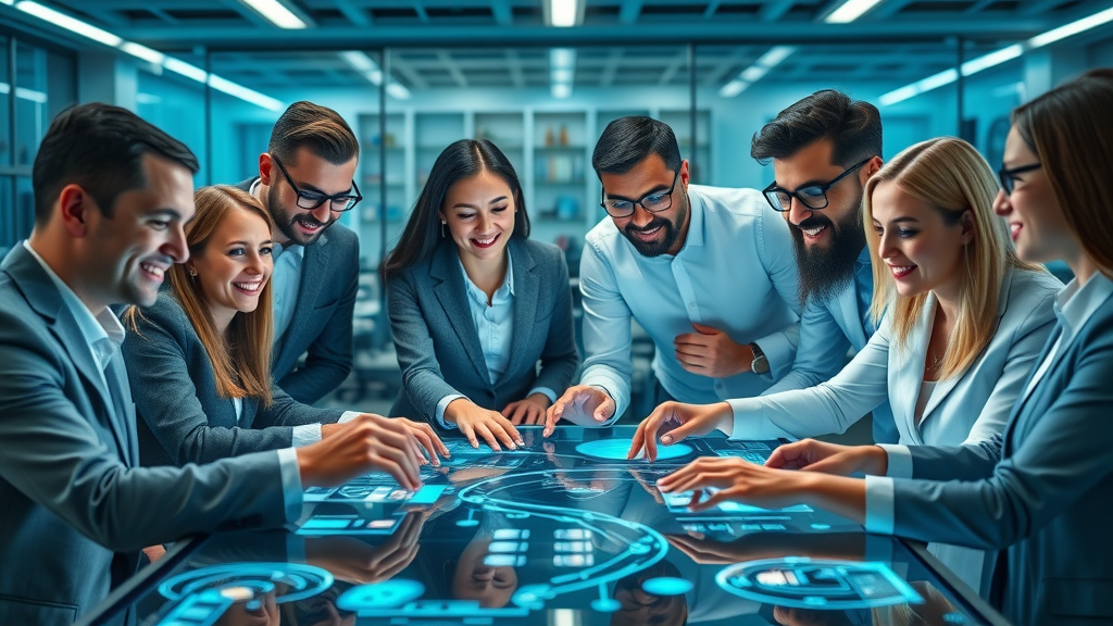 Forward-thinking team discusses digital transformation strategy in a modern business setting