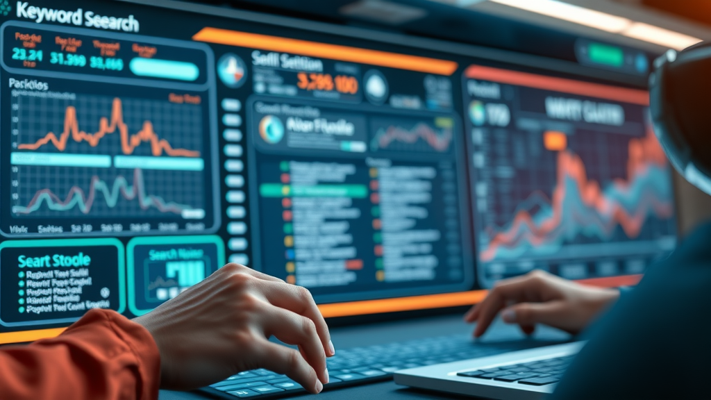 AI-powered dashboard visualizing the workflow from keyword research to content optimization for using AI in SEO