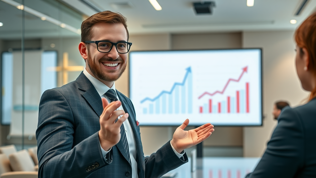 business consultant presenting a growth strategy chart, discussing measurable results in a modern boardroom, business consulting services visual, lifelike expressions and natural gestures