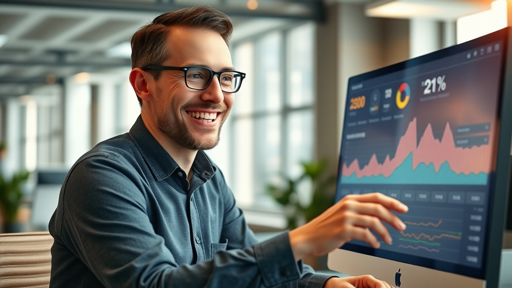 Marketer analyzing campaign ROI using AI dashboard with animated ROI graphics in a bright modern workspace