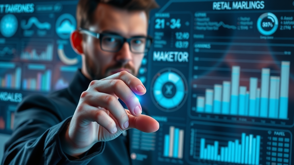 Marketer comparing AI marketing tools on a futuristic virtual dashboard with glowing graphs and widgets