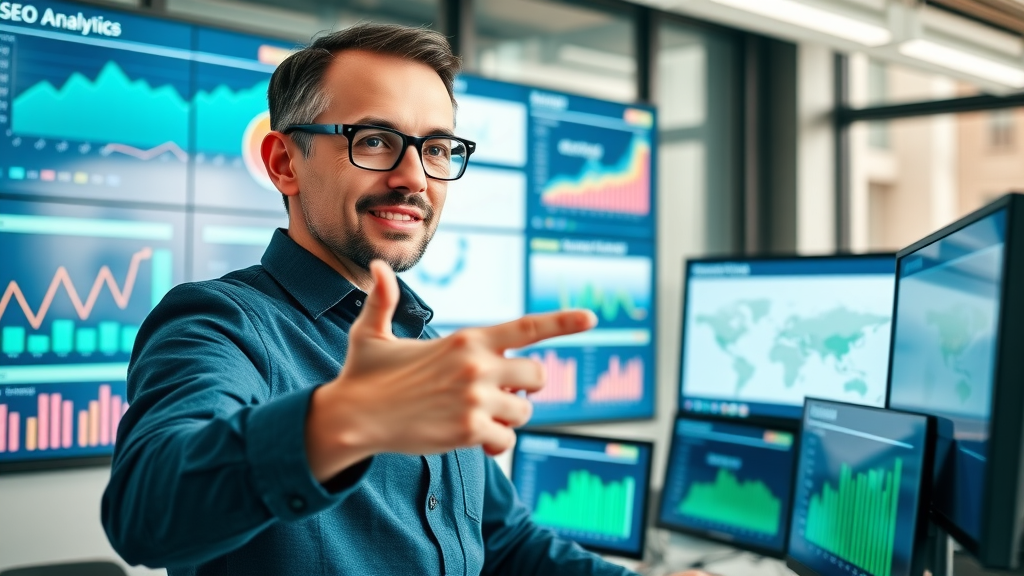 how to improve SEO for my website digital SEO dashboard analytics vibrant modern office