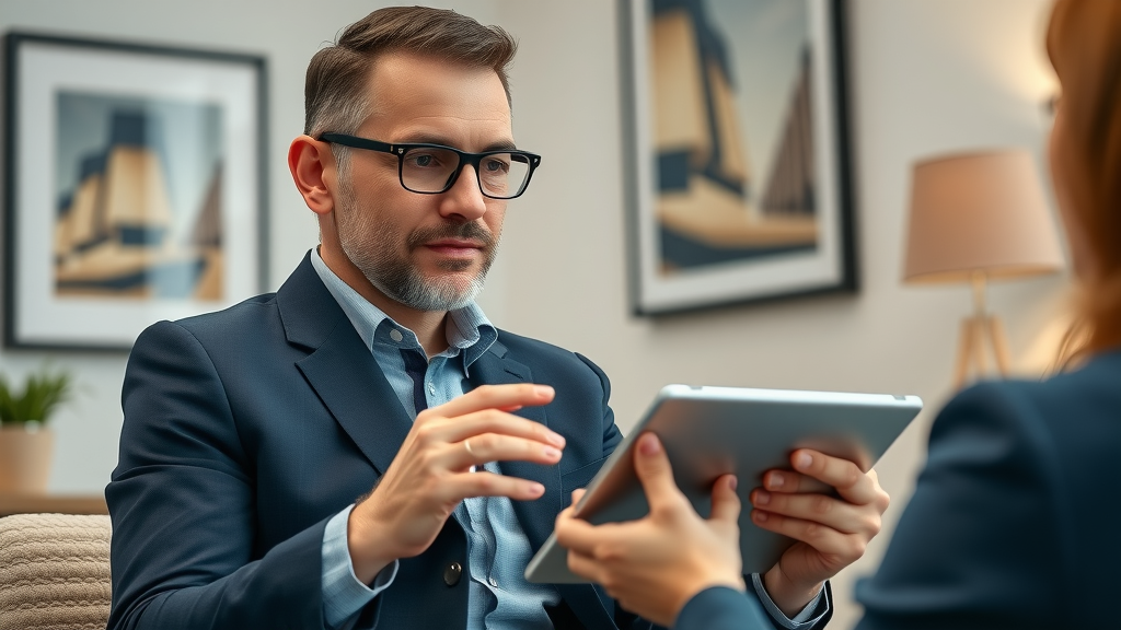 business consultant explaining business growth strategies to clients in office