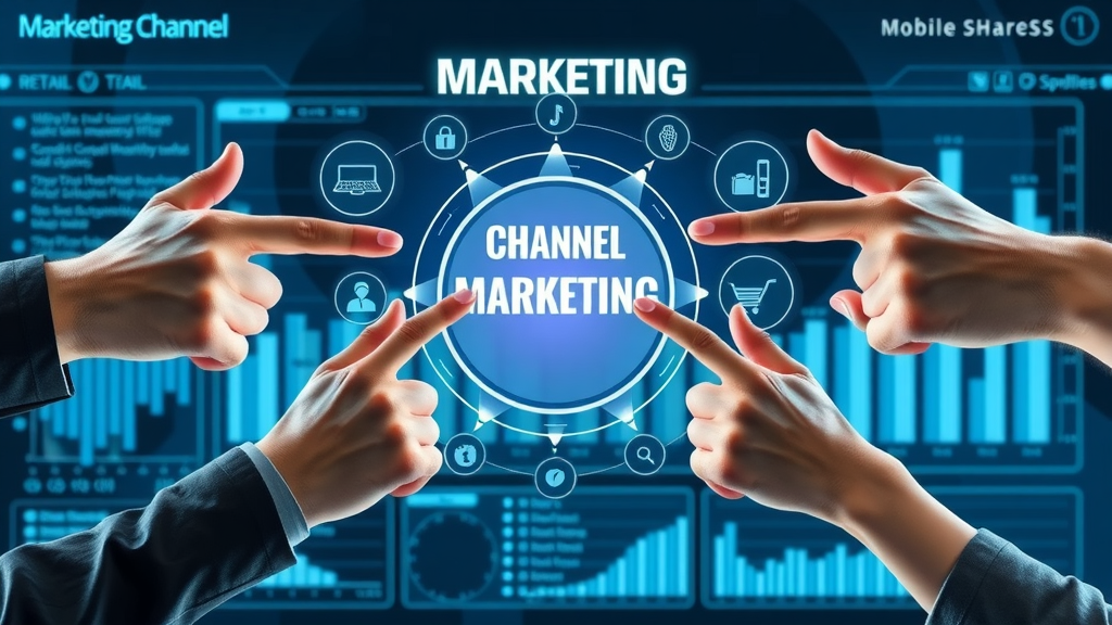 hands pointing at interconnected omnipresence marketing channels: social media, retail, mobile, desktop