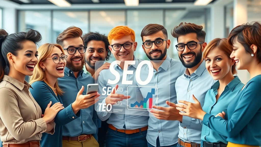 Diverse team of marketers using interactive SEO toolkits, real-time keyword analysis, digital graphs, animated keywords orbiting