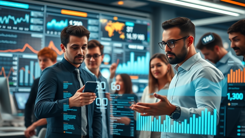 futuristic office setting with SEO professionals analyzing AI-powered data dashboards for using AI in SEO