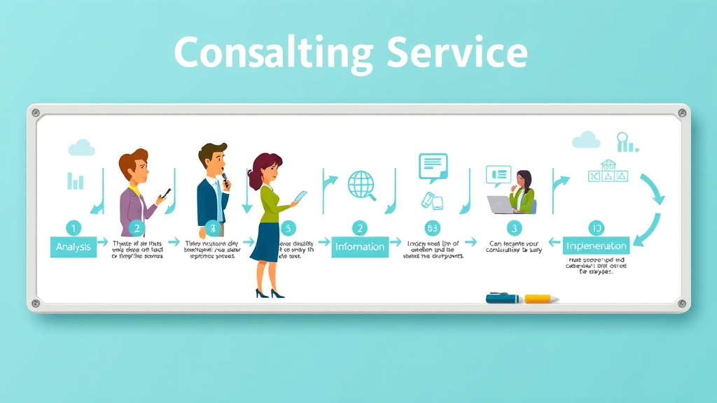 animated infographic of consulting services process, from analysis to implementation with icons and arrows, 2D cartoon style, business consulting services visual summary