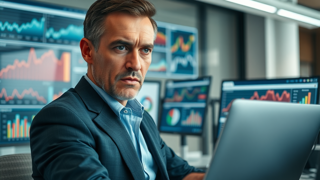 Serious business owner reviewing digital sales reports on computer screens, highlighting the importance of increase local business visibility for small businesses in 2025