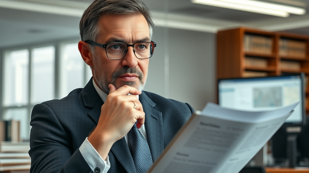 Legal advisor analyzing AI and data privacy regulations with law books and computer monitors in a formal office
