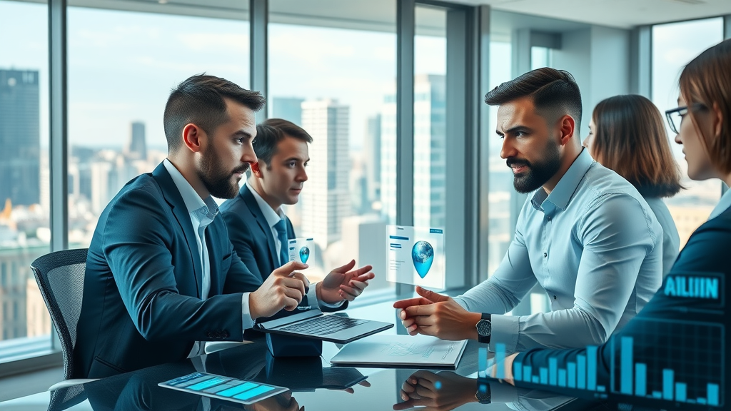 Digital marketers utilizing AI tools for data analysis in a modern office with interactive digital screens