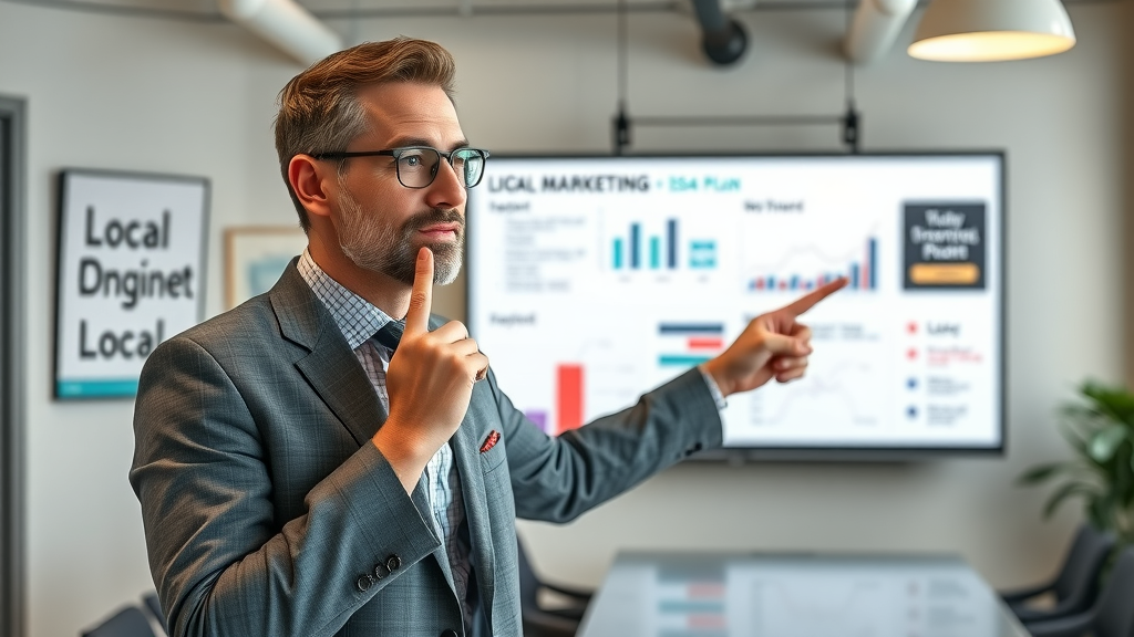 Confident marketing strategist pointing at digital marketing plan for increasing local business visibility in a modern office