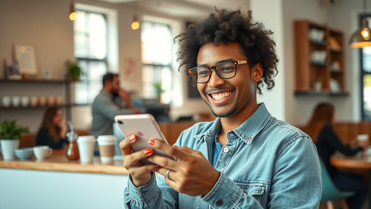 Cheerful customer leaving positive online review for small local business on smartphone in coffee shop