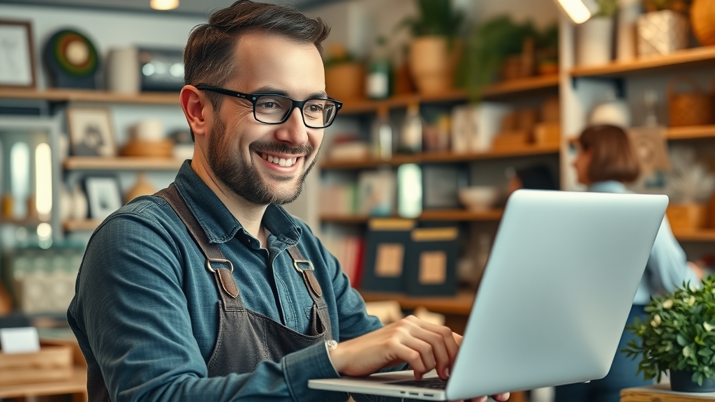 Friendly business owner updating Google Business Profile to increase local business visibility in retail setting