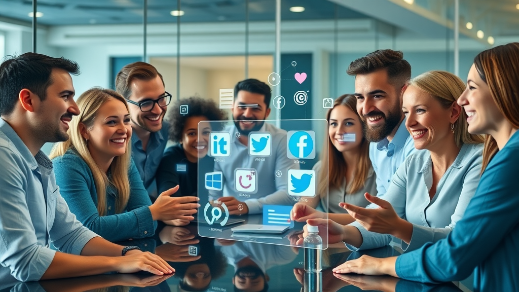 Diverse group of marketers collaborating over social media analytics with AI visualizations and projected metrics