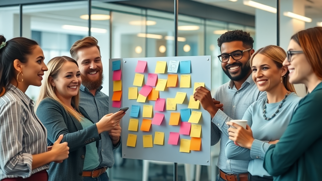 diverse business team implementing agile strategy, brainstorming with post-it notes, business consulting services in action, energetic teamwork in a modern open workspace