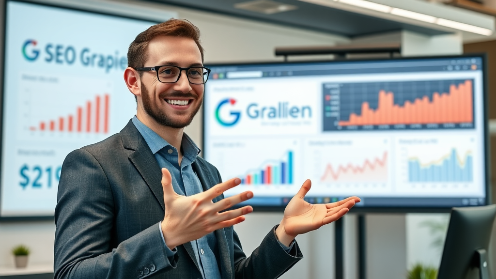 business analyst presenting SEO case studies on AI-driven search engine optimization