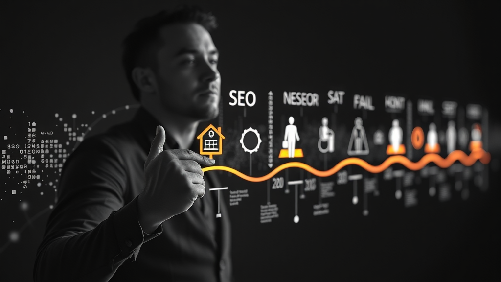 Timeline visualization of the past, present, and future of SEO, digital pathway, glowing timeline and icons, technological change