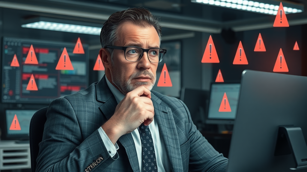 Business manager facing challenges in digital transformation at a cluttered desk